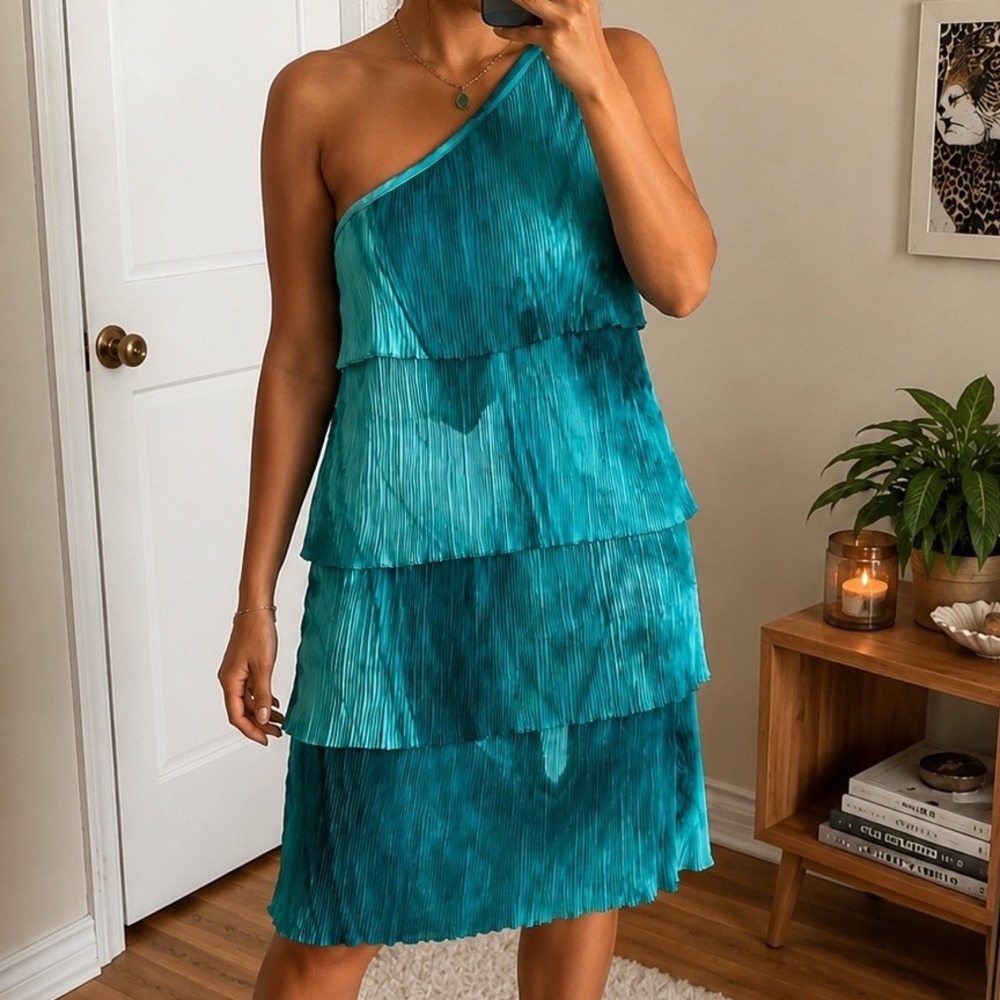 Custo Barcelona Low Xury One Shoulder Pleated Tiered Mini Dress Teal 42 NWT
